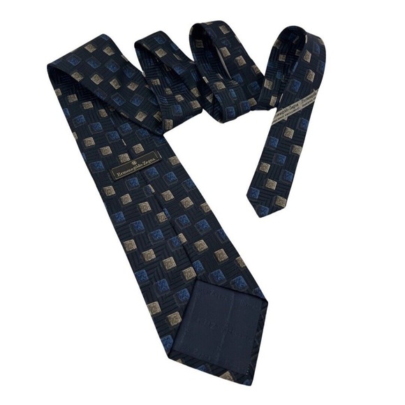 Ermenegildo Zegna Tie Mens Blue Tan Square Geometric Silk Luxury Business - Picture 7 of 11
